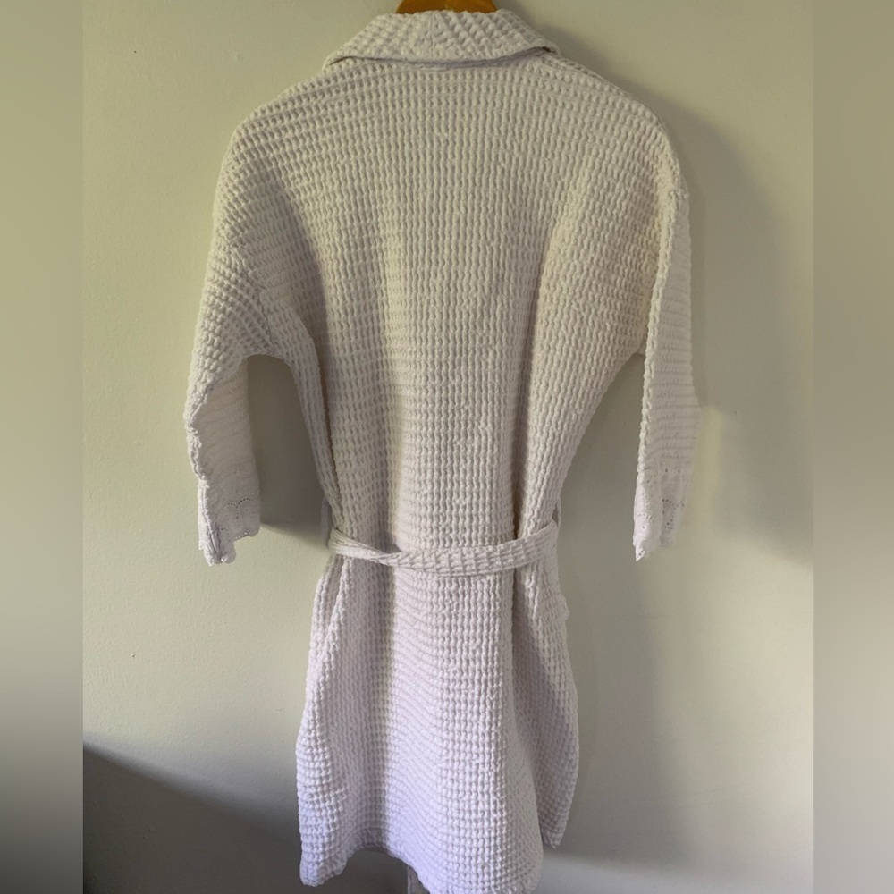 Women’s 100% Cotton White Waffle Knit Robe with Eyelet Accent Trim - Picture 2 of 15